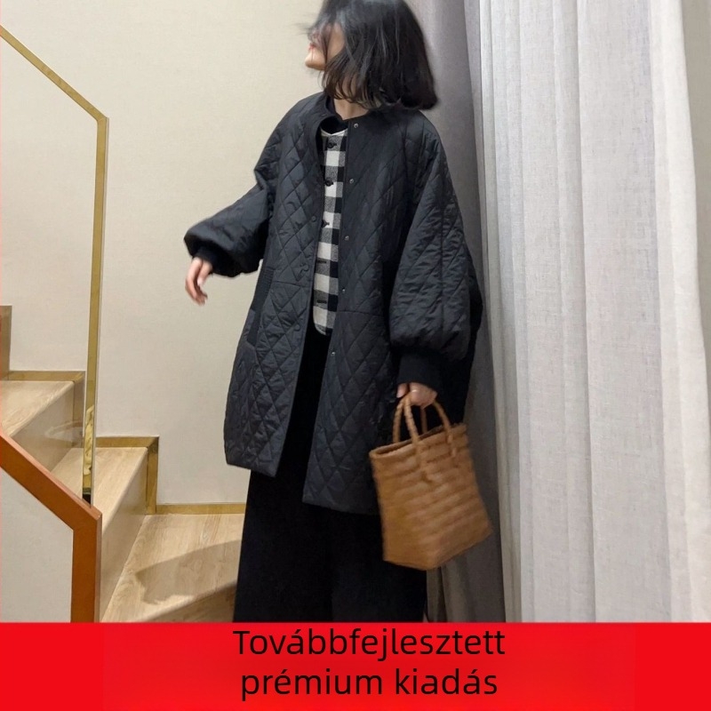 Női gyapjú bélelt kabát, gyémánt mintázatú varrással, középhosszú, laza szabású, koreai stílus, kerek nyakú