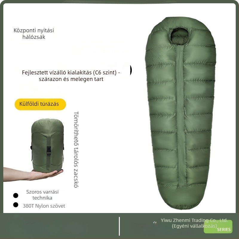 Felnőtteknek szóló tollal töltött hálózsák - libapelyhes töltet, Ripstop nylon anyag, borítéklap-stílusú kialakítás, -30°C
