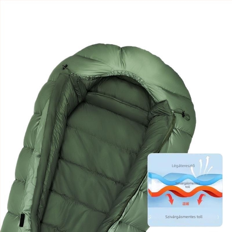 Felnőtteknek szóló tollal töltött hálózsák - libapelyhes töltet, Ripstop nylon anyag, borítéklap-stílusú kialakítás, -30°C