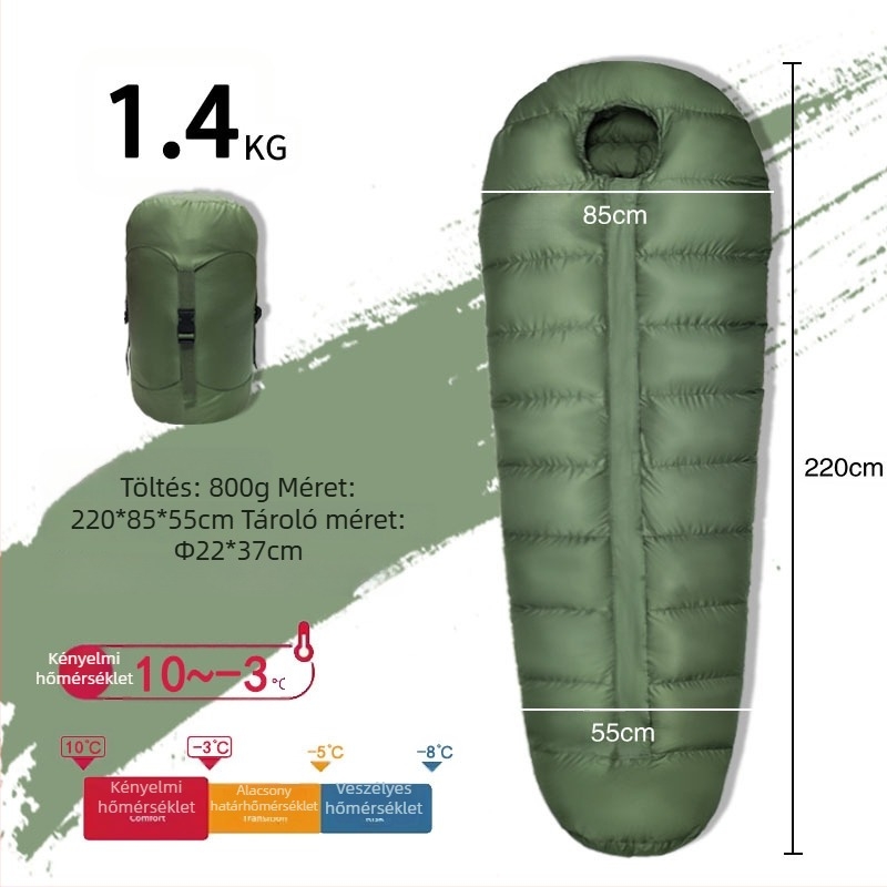 Felnőtteknek szóló tollal töltött hálózsák - libapelyhes töltet, Ripstop nylon anyag, borítéklap-stílusú kialakítás, -30°C