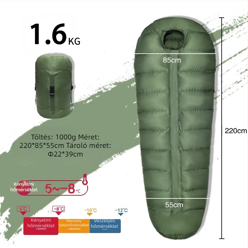 Felnőtteknek szóló tollal töltött hálózsák - libapelyhes töltet, Ripstop nylon anyag, borítéklap-stílusú kialakítás, -30°C