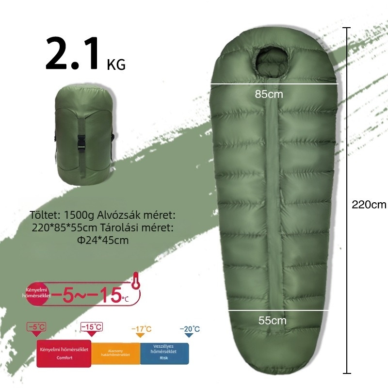 Felnőtteknek szóló tollal töltött hálózsák - libapelyhes töltet, Ripstop nylon anyag, borítéklap-stílusú kialakítás, -30°C