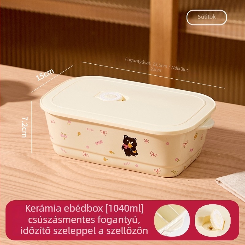 Három rekeszes kerámia ebédes doboz – téglalap alakú, szigetelt, mikróban használható, kapacitás kevesebb mint 300 ml