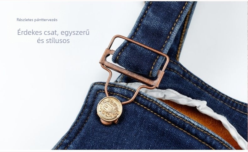 Terhességi farmer nadrág vállpántokkal, hasi támogatással, fleece belsővel, téli vastag kivitel, hosszú szabású, 80% pamut