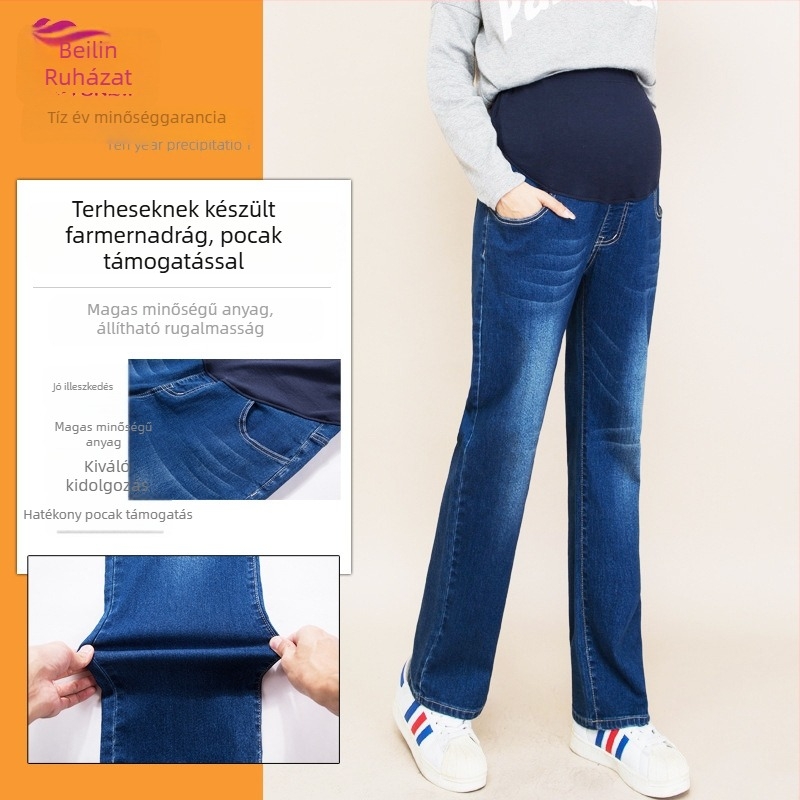 Anyasági farmernadrág – magas derekú, lazán egyenes szabás, pamutkeverék 70% pamut, hasi támasz