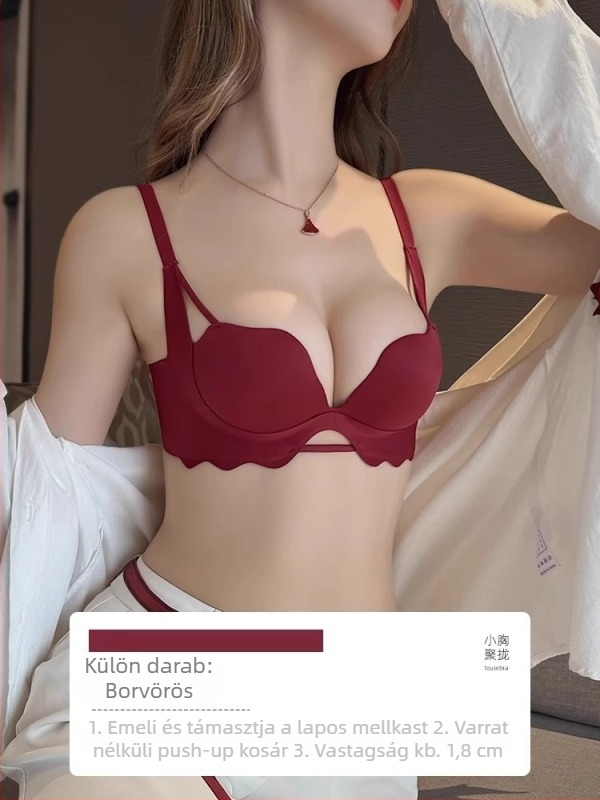 Piros női fehérnemű készlet kismellűeknek, varrat nélküli push-up melltartó, kiemeli a dekoltázst, esküvői fehérnemű