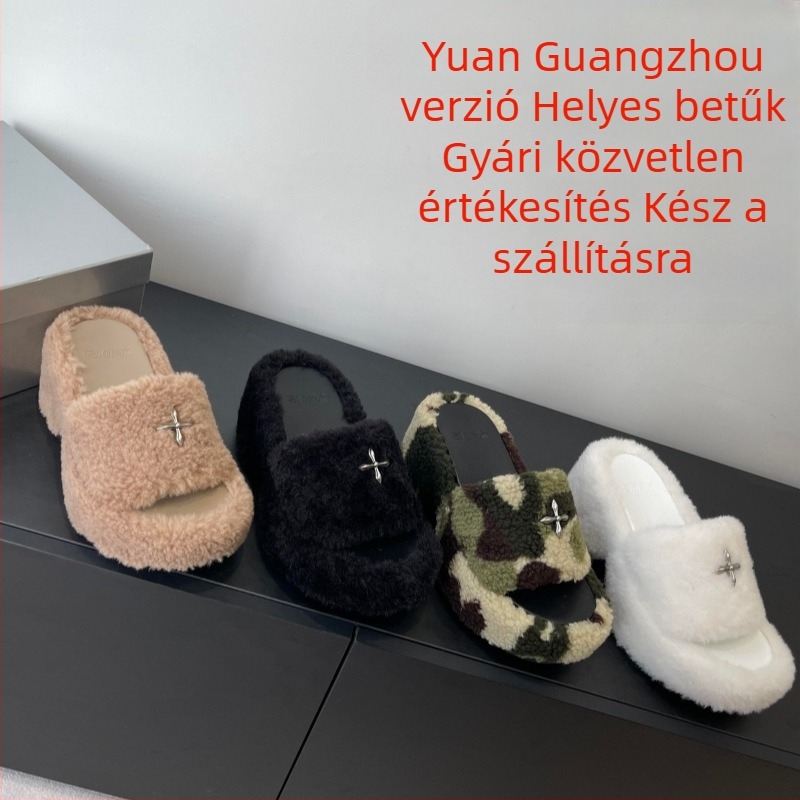 Otthoni papucs gyapjú felsőrésszel, báránybőr bélés, nyitott lábujj, 9,0 cm talpvastagság, szuper magas sarkú