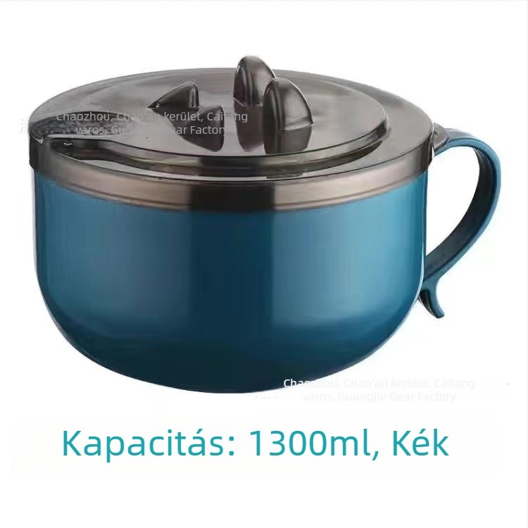 Fedéllel ellátott azonnali tészta tál, rozsdamentes acélból, kerek formájú, kapacitás 800–1000 ml, hordozható