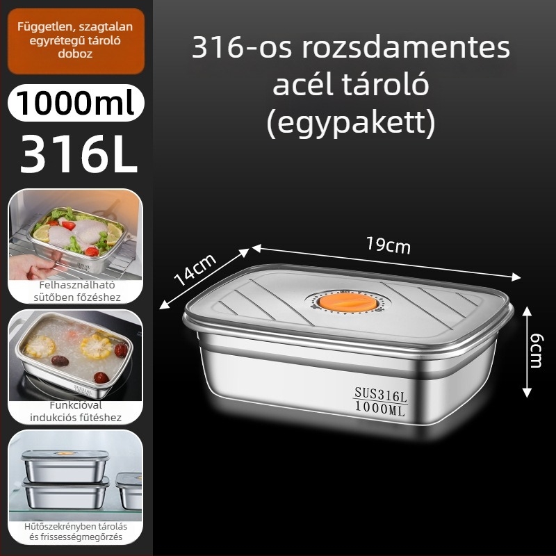 316 rozsdamentes acél ebédes doboz, mikrohullámú sütőben használható, négyszögletes kialakítás, 800–1000 ml