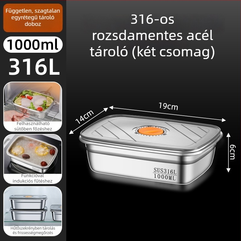 316 rozsdamentes acél ebédes doboz, mikrohullámú sütőben használható, négyszögletes kialakítás, 800–1000 ml