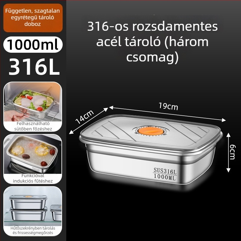 316 rozsdamentes acél ebédes doboz, mikrohullámú sütőben használható, négyszögletes kialakítás, 800–1000 ml