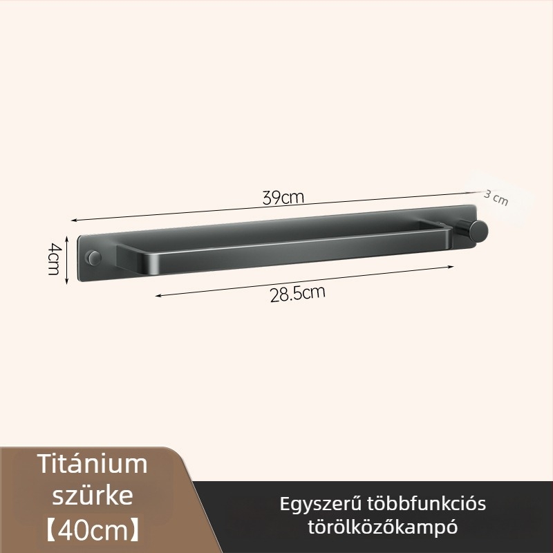 Fali törölközőtartó akasztóval, fúrás nélküli szerelés, fürdőszoba, egylábas tartó, levehető, 50 kg teherbírás, tömör alumínium