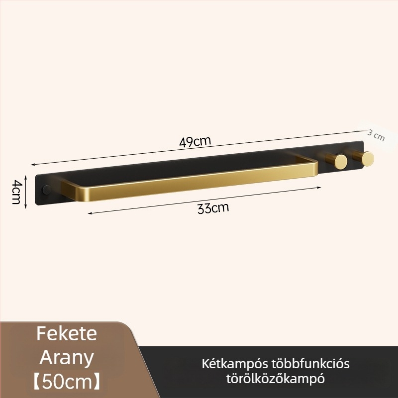 Fali törölközőtartó akasztóval, fúrás nélküli szerelés, fürdőszoba, egylábas tartó, levehető, 50 kg teherbírás, tömör alumínium