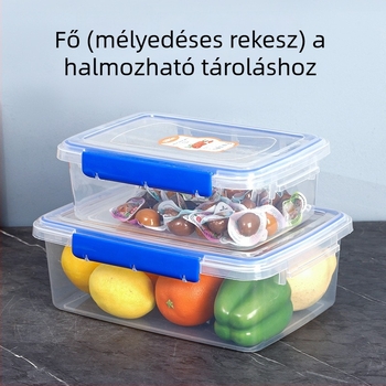 Átlátszó PP négyszögletes frissességmegőrző doboz, kapacitás 1–5 L, egyrétegű, mikró nem használható, zárható fedél