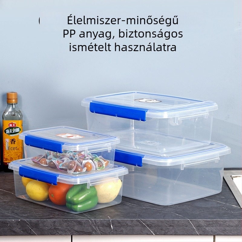 Átlátszó PP négyszögletes frissességmegőrző doboz, kapacitás 1–5 L, egyrétegű, mikró nem használható, zárható fedél