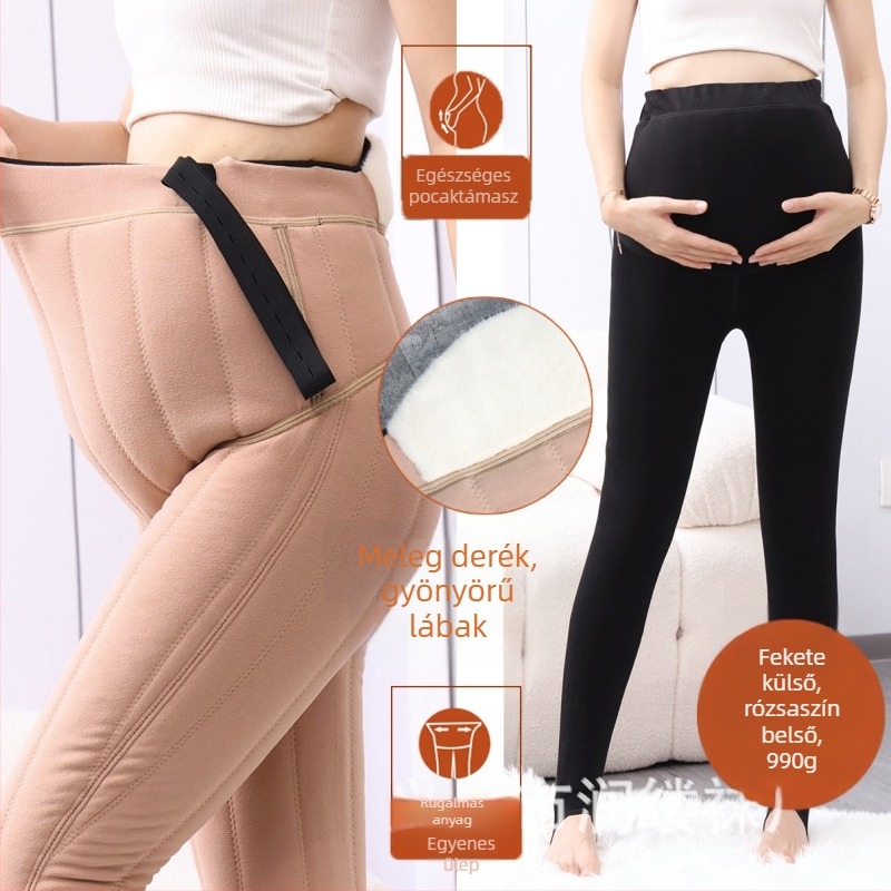 Terhes leggings fleece béléssel, vastag és meleg, magas derekú, testhezálló, fekete, plusz méret