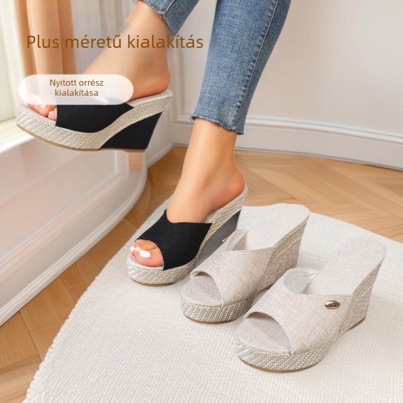 Női egypántos platformos szandál nyitott orral, vászon felső, gumitalp, 6–8 cm-es sarok
