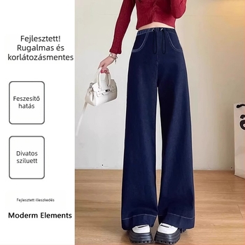Várandósság ideje denimnadrág, magas derék, szabad szárú, hosszú, pamut-poliészter keverék
