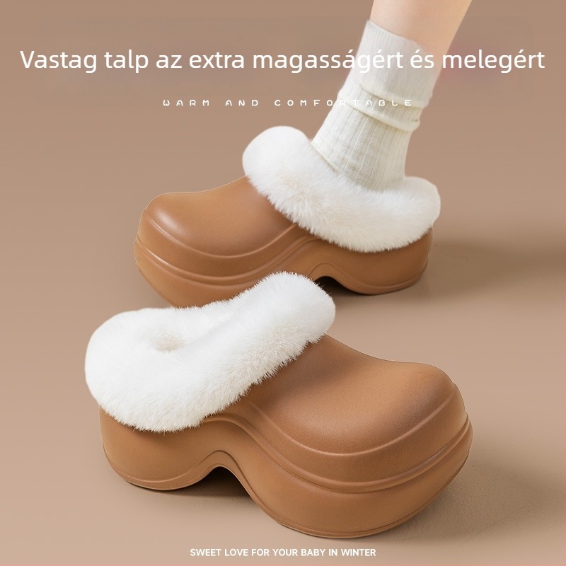 Női téli papucsok vastag EVA talppal, EVA felső rész, plüss belsővel, kerek orr