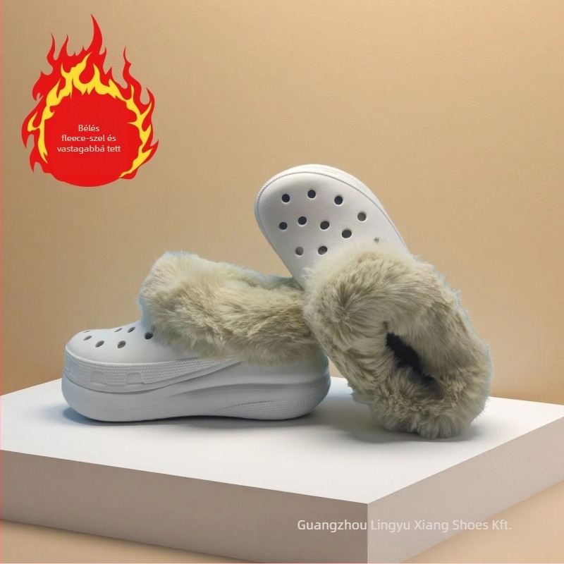 Női Crocs-stílusú papucs plüss béléssel és felhő alakú lukakkal, 6 cm-es magasság növelés, EVA felsőrész és talp, csúszásmentes talp.