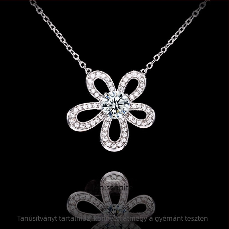 Moissanite-ér cél 925-ös ezüst nyaklánc — üreges napraforgó és kamélia medállal, többszintű lánc, 41–50 cm, könnyed luxus stílus