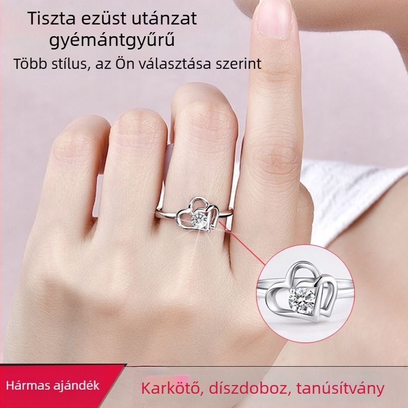 Női 925 ezüst gyűrű mesterséges moissanittal, korona s hatszögű foglalatban, fehérarany tónusban — esküvői gyűrű