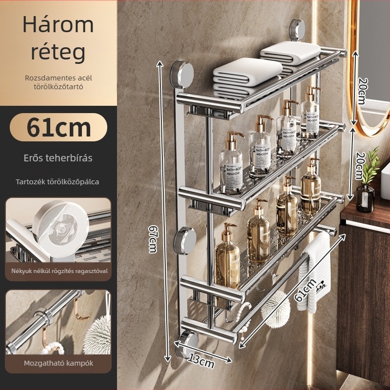 Fali törölközőtartó fürdőszobába, rozsdamentes acélból, felület kezelése spray-vel, 1 polc, modern minimalista stílus, tárolásra