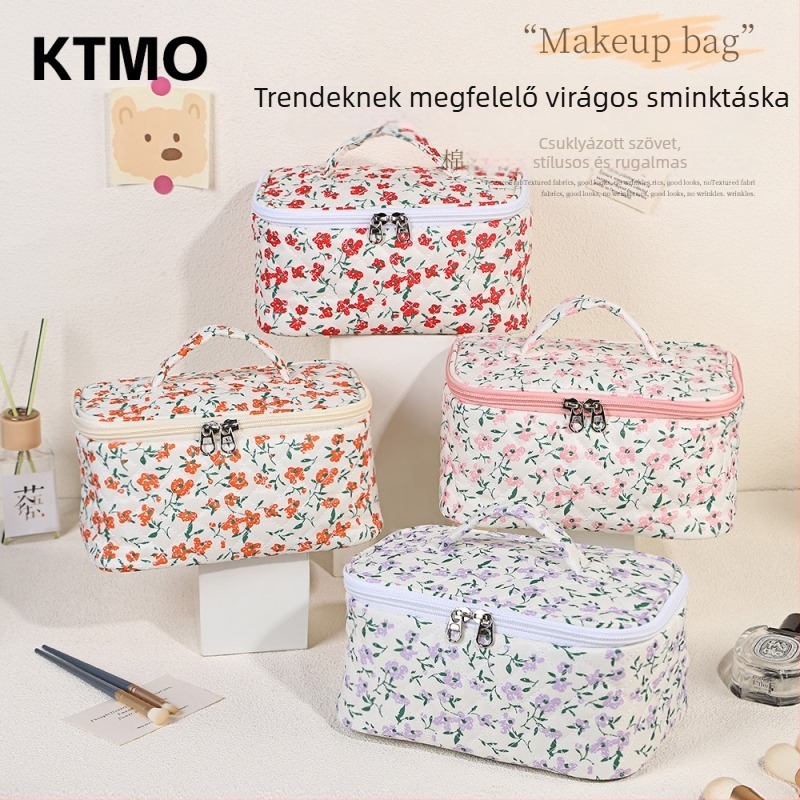 Női kozmetikai táska virágmintával, steppelt pamut anyag, fehér pamut bélés, friss és édes stílus, otthoni tároláshoz