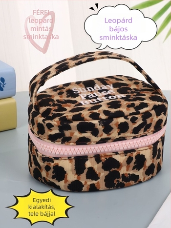 Kör alakú leopárd mintás kozmetikai táska, nylon bélés, többfunkciós, ultra könnyű