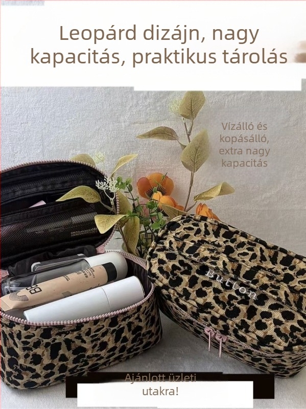 Kör alakú leopárd mintás kozmetikai táska, nylon bélés, többfunkciós, ultra könnyű