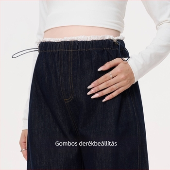 Masanon kismama farmerok tavasz–nyárra, kis méret, haspanél nélküli, széles szárú, egyenes fazon, denim