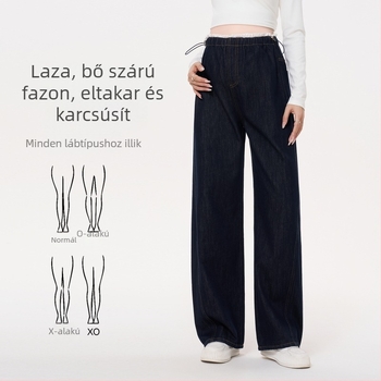 Masanon kismama farmerok tavasz–nyárra, kis méret, haspanél nélküli, széles szárú, egyenes fazon, denim