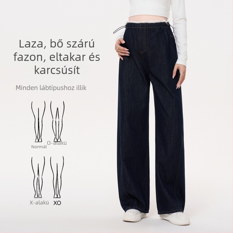 Masanon kismama farmerok tavasz–nyárra, kis méret, haspanél nélküli, széles szárú, egyenes fazon, denim