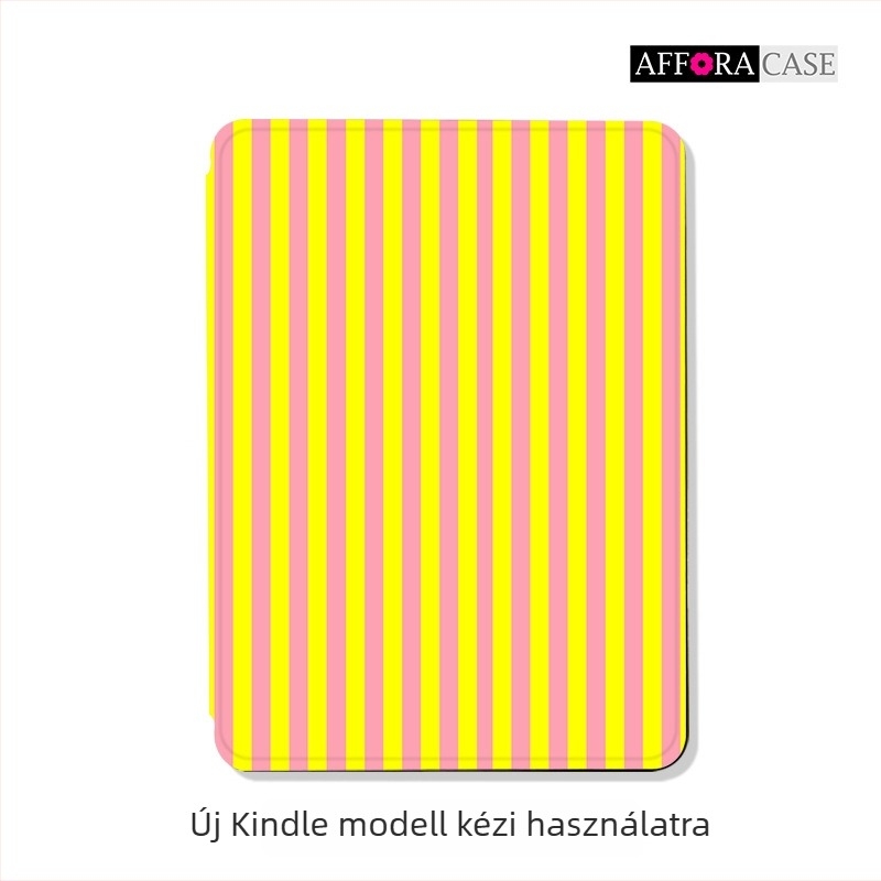 AFULA Kindle 2024 védőtok, TPU, flip-top kialakítás, rózsaszín-sárga csíkos, egyszerű dizájn, logó nyomtatva, KPW3/KPW6