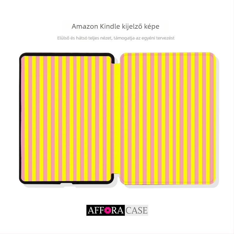 AFULA Kindle 2024 védőtok, TPU, flip-top kialakítás, rózsaszín-sárga csíkos, egyszerű dizájn, logó nyomtatva, KPW3/KPW6