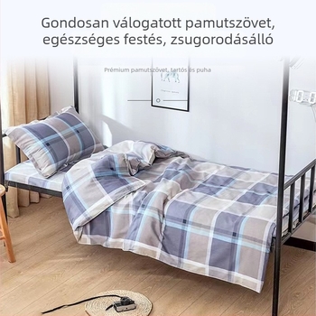 Pamut háromrészes ágyneműkészlet egyszemélyes emeletes ágyhoz – kollégiumi használatra; tartalmaz lepedőt, párnahuzatot és paplanhuzatot; twill szövés, reaktív festés, geometriai mintázat