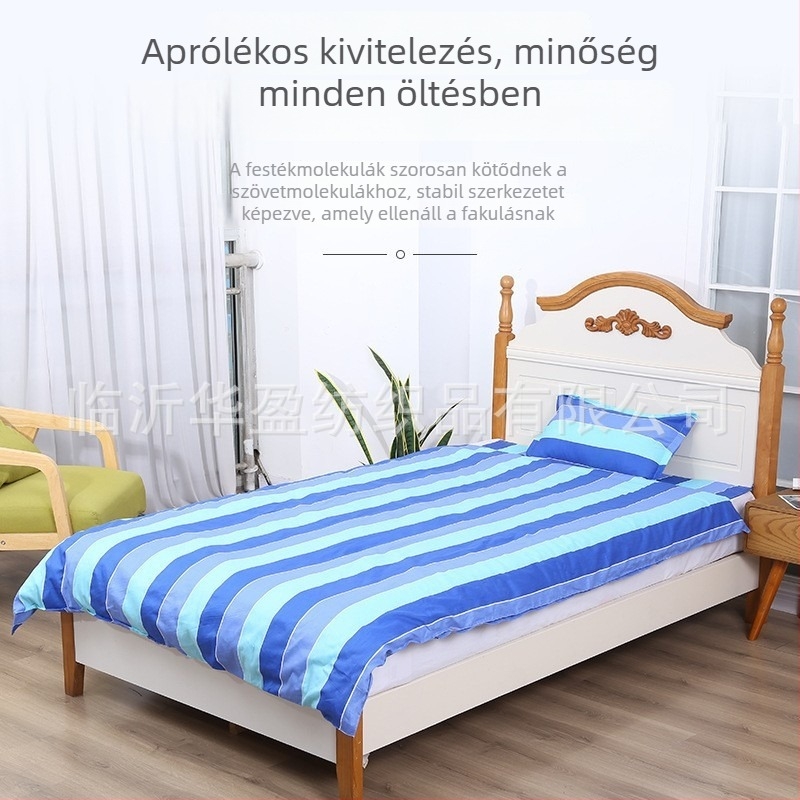 Pamut háromrészes ágyneműkészlet egyszemélyes emeletes ágyhoz – kollégiumi használatra; tartalmaz lepedőt, párnahuzatot és paplanhuzatot; twill szövés, reaktív festés, geometriai mintázat
