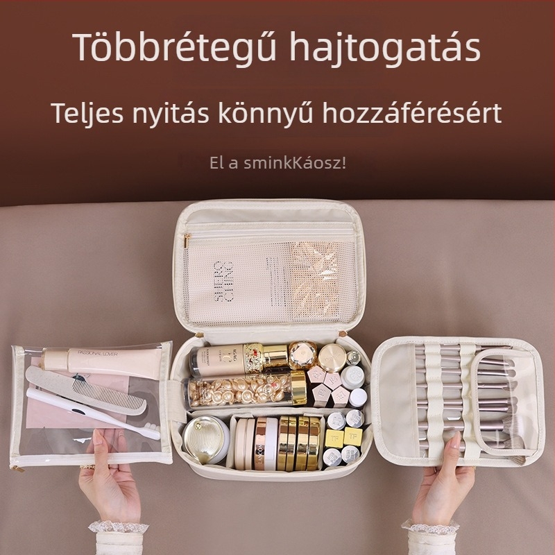 PU sminktáska, nagy kapacitású, száraz–nedves szétválasztás, vízálló, kényelmes fogantyúval