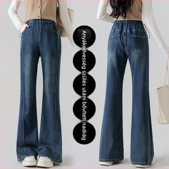 Várandós nők számára készült denim harangszárú farmer oldalsó zsinórral, magas derekú, széles szár, has támasztás, 50–70% pamut