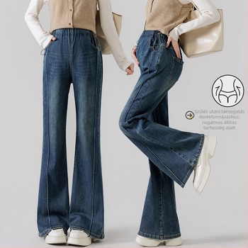 Várandós nők számára készült denim harangszárú farmer oldalsó zsinórral, magas derekú, széles szár, has támasztás, 50–70% pamut