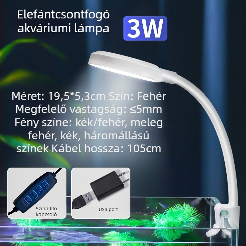 Akváriumi LED klip lámpa, vízálló, kiegészítő világítás vízi növényekhez (Márka Tianyue; Anyag ABS; Teljesítmény 3W)