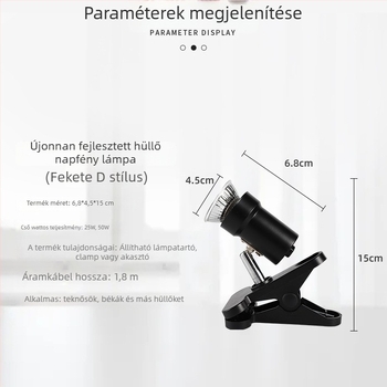 Reptili basking lámpa — 25W, teljes spektrum UVB, többirányú állítható kivitel, PVC és rozsdamentes acél