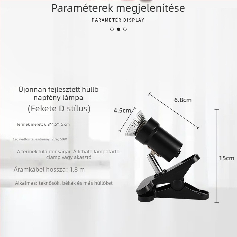 Reptili basking lámpa — 25W, teljes spektrum UVB, többirányú állítható kivitel, PVC és rozsdamentes acél
