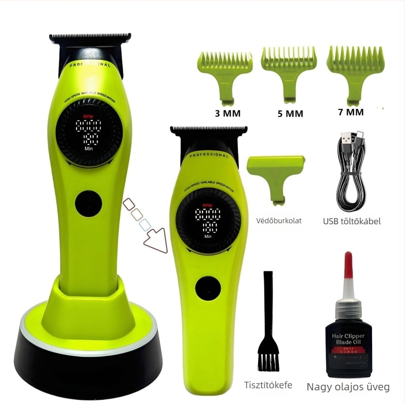 Brushless motoros hajvágó, titániumötvözetből készült penge, 21 fokozatú fokozatos taper, 9000 RPM, beépített 2000–4000 mAh akkumulátor