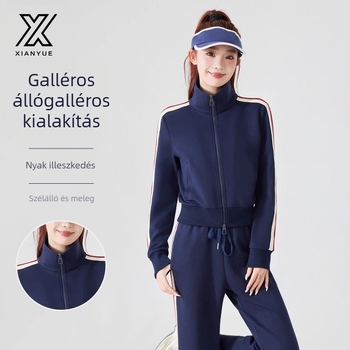 Női csíkos álló galléros dzseki, lazán szabott, hosszú ujjú, poliészter anyag