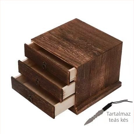 Fából készült teásdoboz húzható fiókkal és többszintes teás tálcával, 18 L kapacitás, 121-es modell, 12 darabos készlet