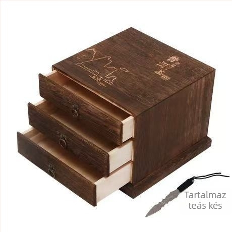 Fából készült teásdoboz húzható fiókkal és többszintes teás tálcával, 18 L kapacitás, 121-es modell, 12 darabos készlet