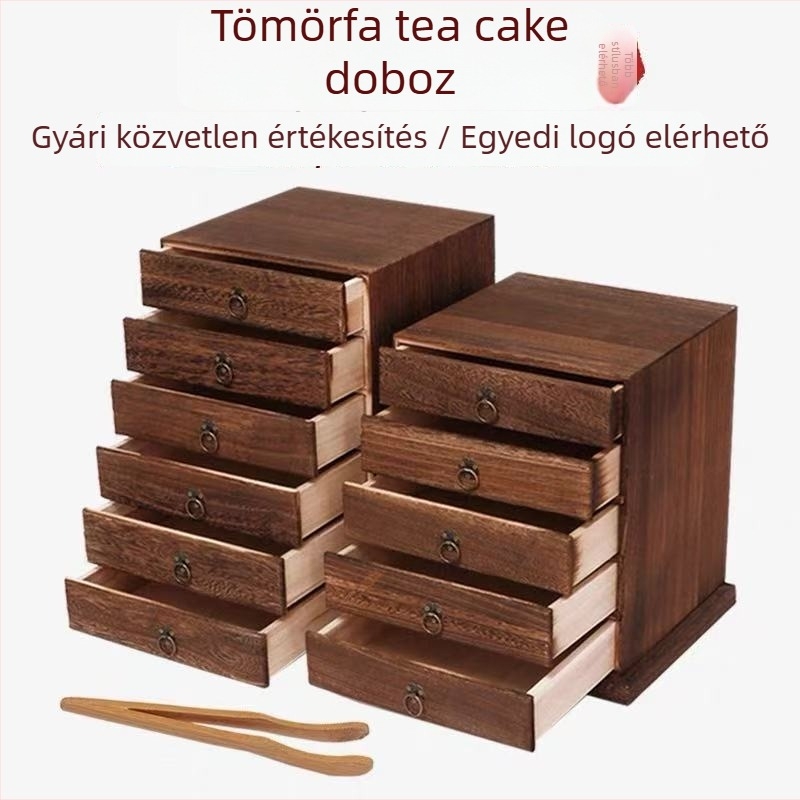 Fából készült teásdoboz húzható fiókkal és többszintes teás tálcával, 18 L kapacitás, 121-es modell, 12 darabos készlet
