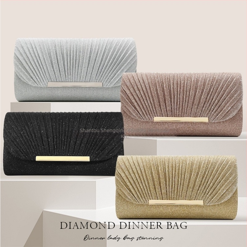 Női estélyi clutch Jinsha anyaggal, kagyló mintázat, fémes élű keret, kis négyzet alakú, belső vászon