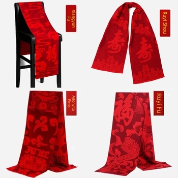 Sál jókívánság motívummal hímzett (Egyszerű kötés; Megőrzi a meleget; Imitációs kasmír; Poliészter; Jacquard)